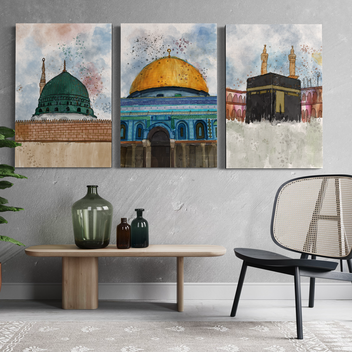 Makkah, Madinah and Masjid Al-Aqsa watercolour, set of 3 Islamic canvas prints – view 4