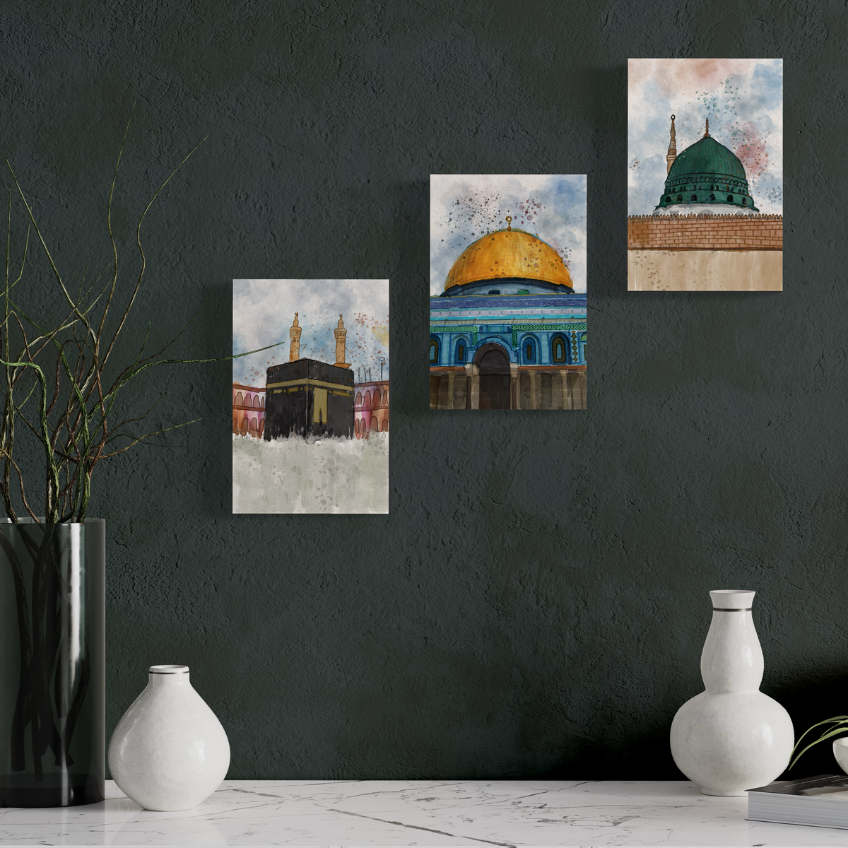 Makkah, Madinah and Masjid Al-Aqsa watercolour, set of 3 Islamic canvas prints