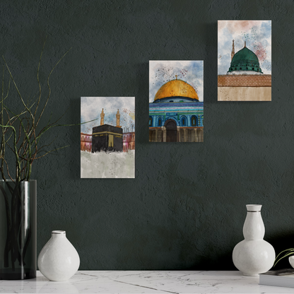 Set of 3 canvases Makkah, Medina and Masjid Al Aqsa Watercolor painting on canvas - Islamic modern Wall Art Print on canvas - ARPS2139